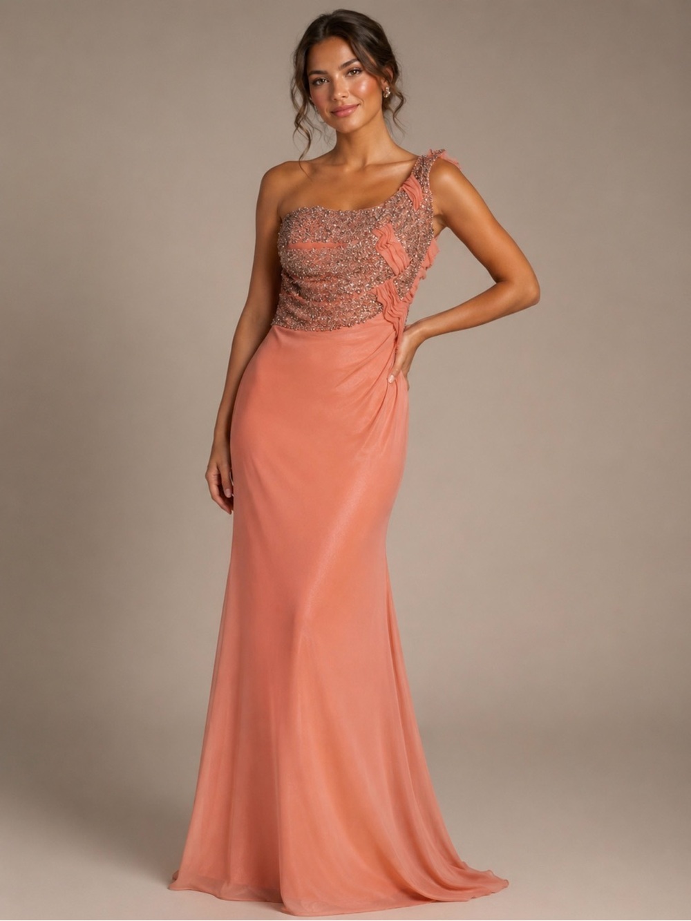 Faviana Couture Peach Coral One-Shoulder Ruched Silver Beaded Evening Gown 8 EUC